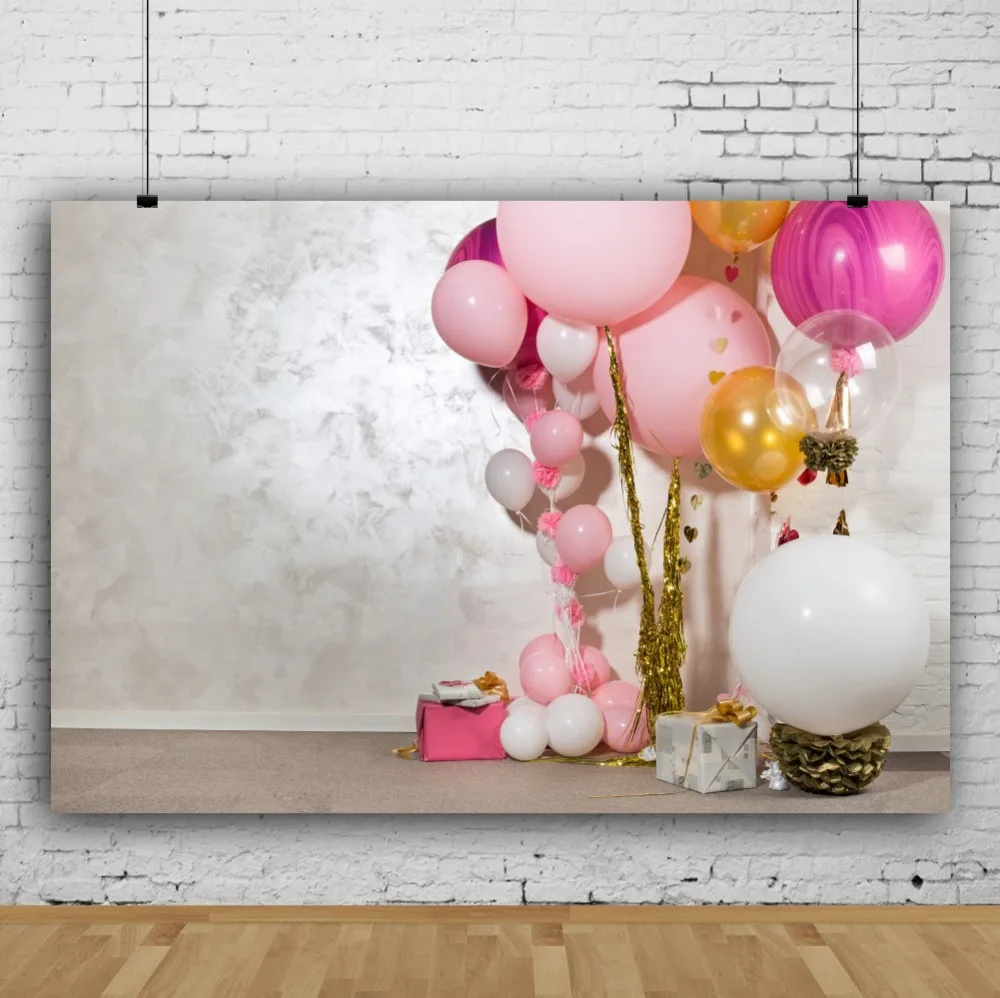 Laeacco Baby Birthday Backgrounds For Photography Pink Balloons Cake Gift Cement Wall Party Child Photo Backdrops Photo Studio