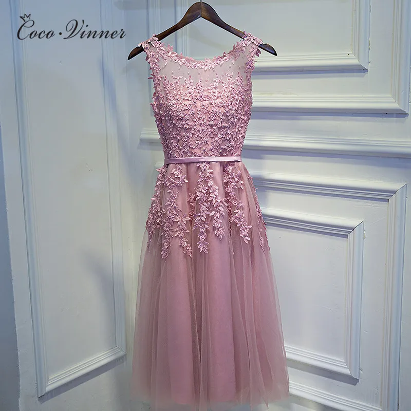 К. В г. Вечернее платье новое тонкое розовое кружевное вечернее платье средней длины с вырезом лодочкой в стиле A line vestidos de fiesta E001