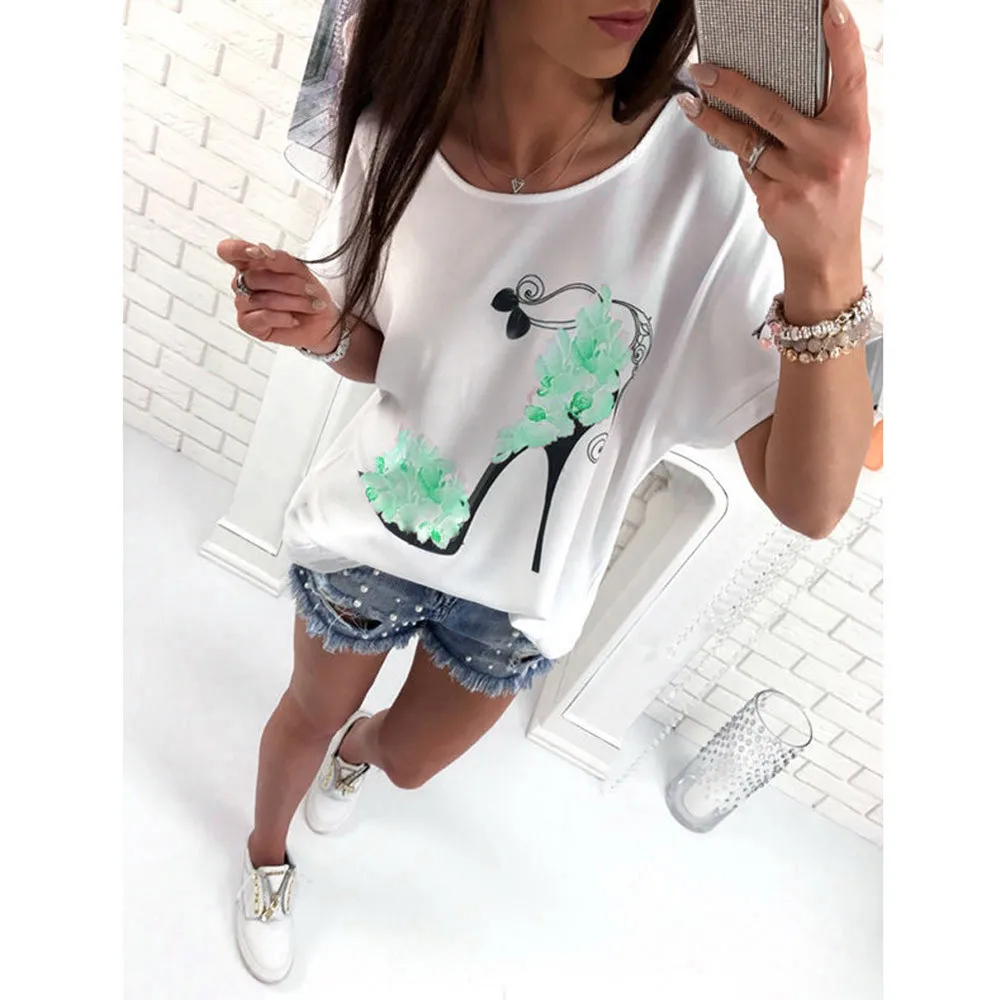 

2019 New Summer Women's Loose Fashion Pullover O-Neck Casual Batwing Short Sleeve High Heel Shoe Printed T-Shirts Tops#H20