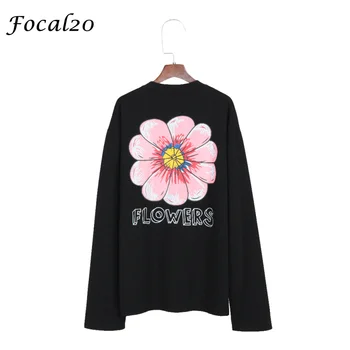 

Focal20 Harajuku Back Flower Print Women T-shirt Long Sleeve Big Flower Print Oversize T Shirt Spring Autumn Tee Top Streetwear