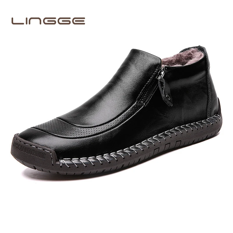 

LINGGE Casual Shoes Genuine Leather Men Boots Winter Cotton Loafers Cowhide Footwear Warm Cloth Shoes Ankle Boots For Male