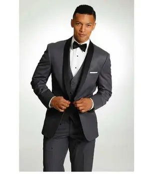 

Dark Grey 3PCS (Coat+Pants+Vest) Custom Made Shawl Collar Button Groom Wedding Suits for Men Dress 2019 Best Mens Suit