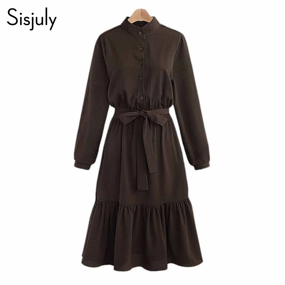 

Sisjuly Women Dresses A-Line 2018 Autumn Pleated Belt Button Plain Casual 3XL Girls Fashion Elegant Bow Long Sleeve Dress Girl