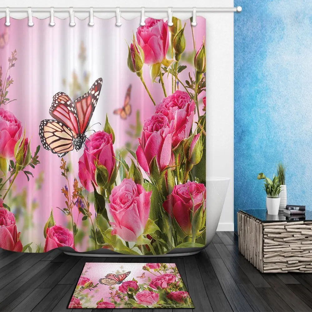Flower Decor Butterfly Fliying on the Pink Rose Waterproof Polyester Fabric Shower Curtain Set Non-Slip Floor Mat Bath Rugs | Дом и сад