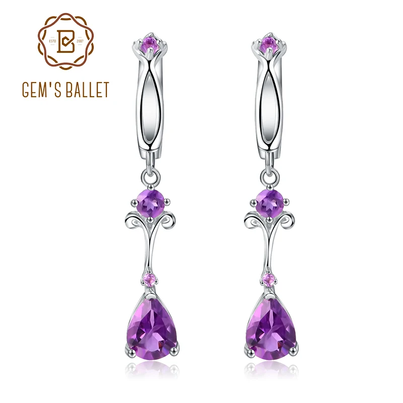 Gem's Ballet 2.87Ct натуральный фиолетовый серьги с аметистом в виде капли 925 пробы Серебряный цветок Винтажные серьги для женщин хорошее ювелирное изделие