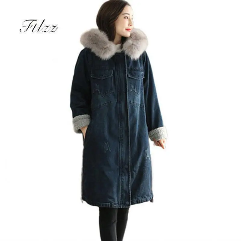 Harajuku Women Denim Parka Feminino 2018 New Winter Warm Wool Liner Winter Jacket Ladies Meidum Long Hooded Faux Fur Collar Coat Harajuku Women Denim Parka Feminino 2018 New Winter Warm Wool Liner Winter Jacket Ladies Meidum Long Hooded Faux Fur Collar Coat