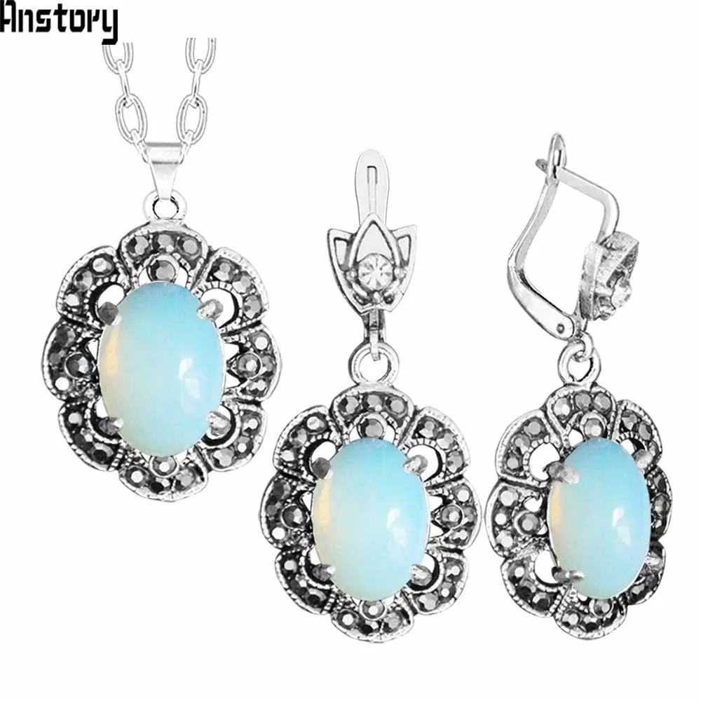 Oval Transparent Opal Necklace Earrings Jewelry Set Rhinestone Vintage Look Fashion Jewelry For Women TS429