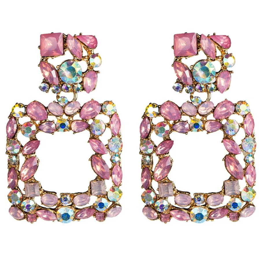 

DIEZI Luxury Square Geometric Pink Crystal Earrings for Women Gold Color Statement Earring Drop Dangle Earring Girls Jewelry