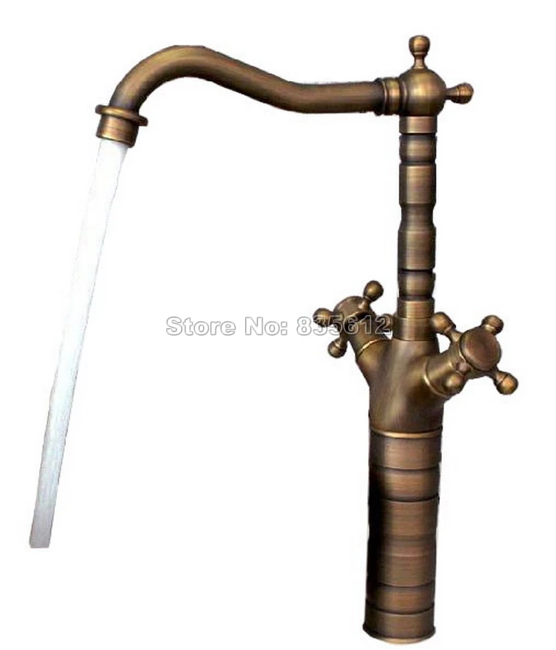 

Antique Brass Swivel Spout Dual Cross Handles Kitchen & Bathroom Mixer Tap Single Hole Deck Mounted Vessel Sink Faucets Wnf103