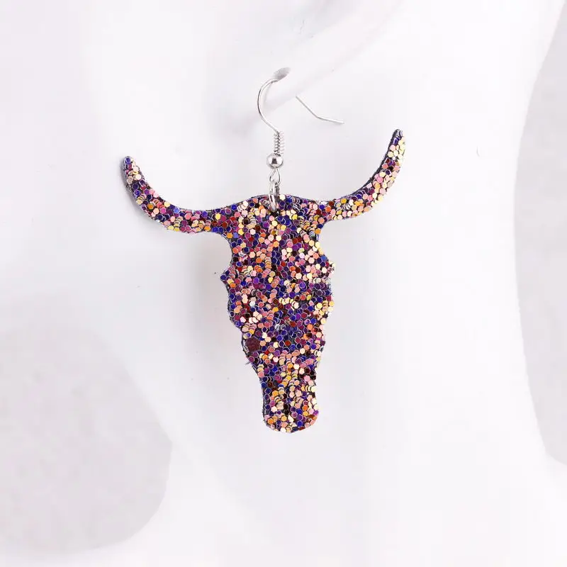 

2018 New Fashion Glitter Cow Head Shape Leather Earrings for Women Purple Earrings Tribal Jewelry Wholesale