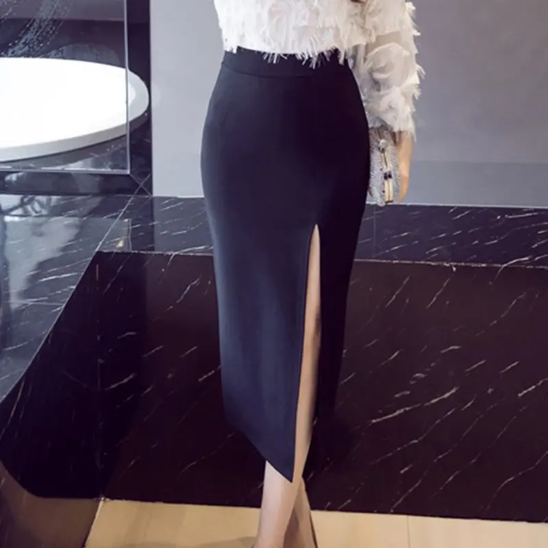 SEXMKL Summer High Slit Sexy Pencil Skirt Women Red Elegant Empire Slim OL Black Midi Skirts Office 2018 Fashion Work Long Skirt Skirts