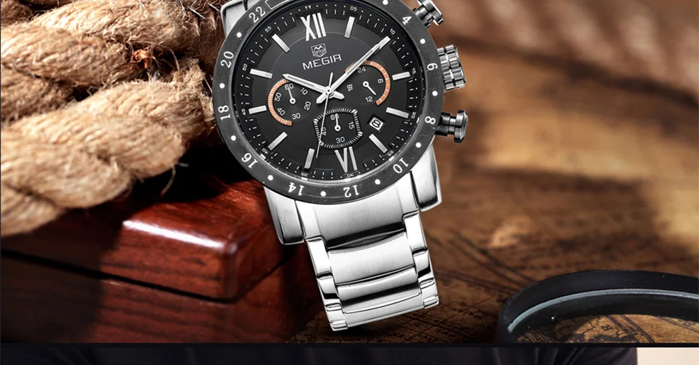 MEGIR мужские модные брендовые деловые кварцевые наручные часы, мужские водонепроницаемые спортивные часы с ремешком из нержавеющей стали, мужские часы
