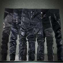 Мужские обтягивающие кожаные штаны для мотоцикла из искусственной кожи, облегающие спортивные штаны, байкерские джоггеры, черные мужские брюки 28-36