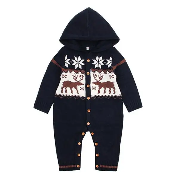 Christmas Newborn Baby Boy Clothes Fashion Long Sleeve Print Knitted Baby Rompers Baby Girl Clothes Kids Jumpsuit - Цвет: Dark blue