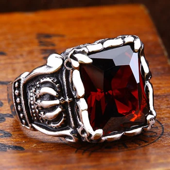 

JHNBY High quality men's Punk Rings 316L Titanium steel crown AAAAA Zircon Red Gem Finger Ring Stone Fashion men Jewelry