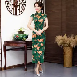 С цветочным принтом традиционные для женщин китайское платье большой размеры высокое разделение Oriental Show Cheongsam Элегантный оболочка
