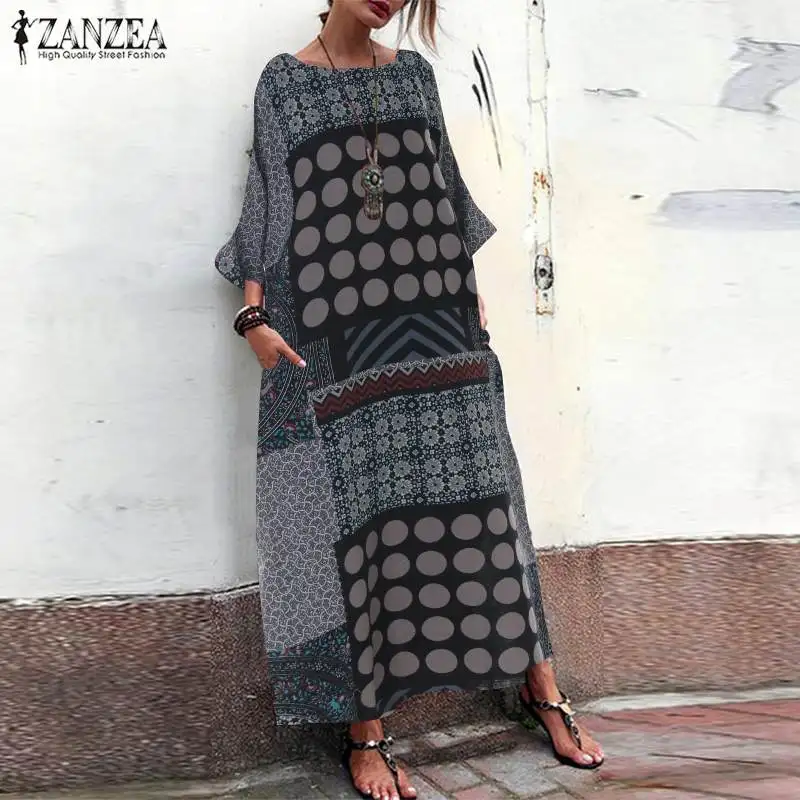 ZANZEA 2019 الصيف المرأة خمر نمط المطبوعة فستان طويل ماكسي Vestidos فستان الشمس رداء فام البوهيمي القطن فستان من الكتان المعتاد