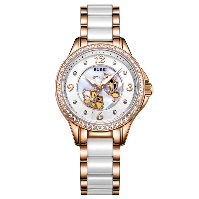 BUREI, роскошные женские часы, водонепроницаемые, модные, Бабочка, золото, для девушек, керамический ремешок, кварцевые наручные часы, часы, часов, Reloj Mujer - Цвет: SGoldDiamond