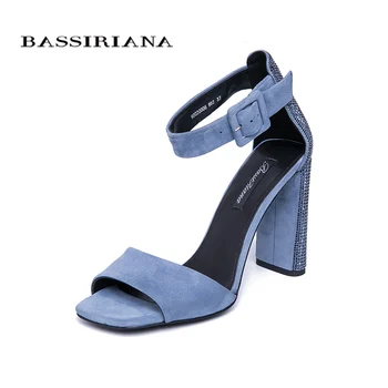 

BASSIRIANA 2019 new ladies genuine leather suede shoes women summer sandals square high heels ankle strap Drill35-40 size