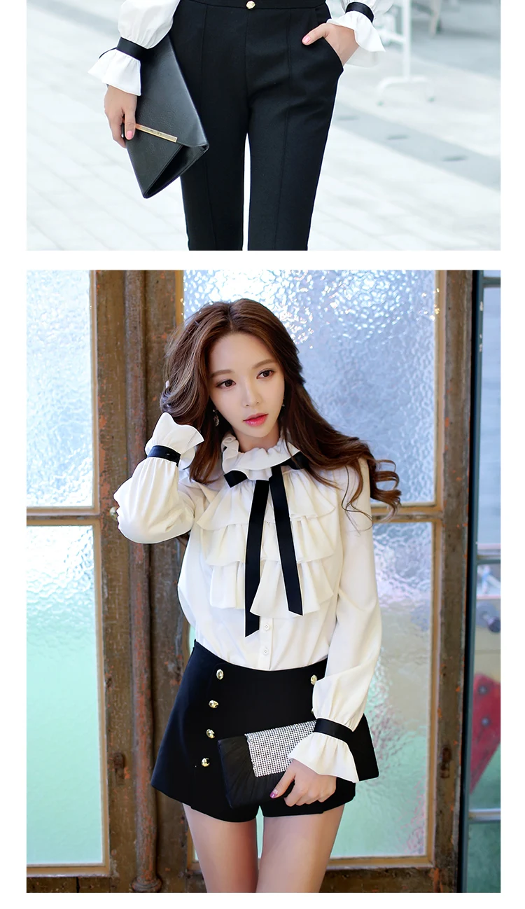 Dabuwawa Autumn Winter White Blouse Women New Ruffles Bow Tie Shirts Long Puff Sleeve office lady Elegant Blouse Top womens shirts and blouses