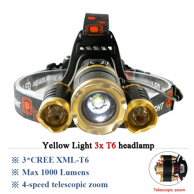 Налобный фонарь led zoom двойной источник света желтый белый свет 3T6 фара 18650 зарядка