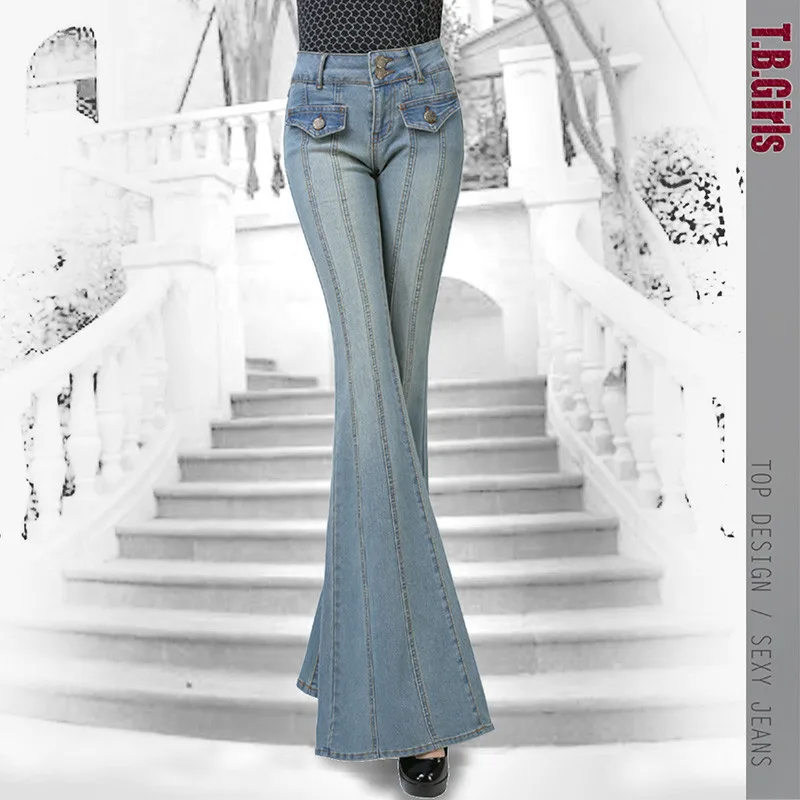 Модные джинсы с кроем для женщин с высокой талией, женские ботинки, джинсовые штаны, джинсы, широкие брюки, винтажные расклешенные джинсы - Цвет: Небесно-голубой