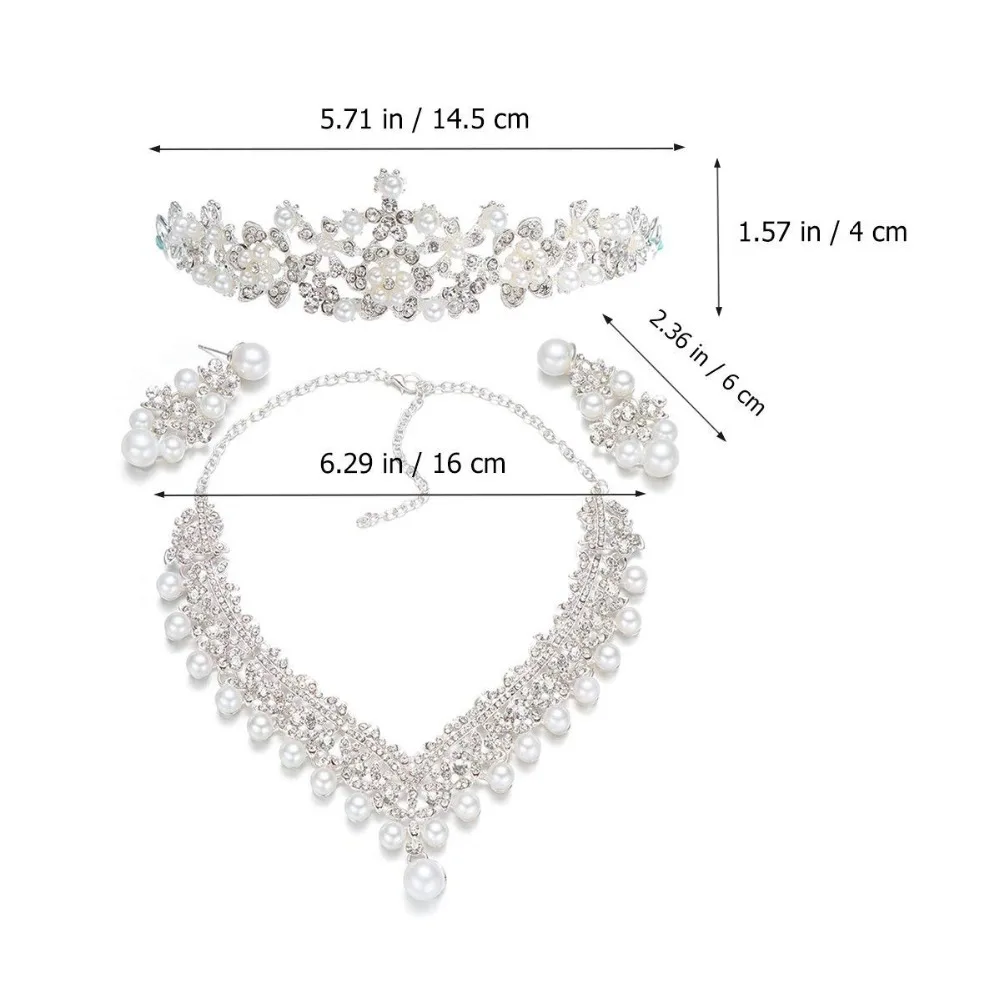 Frcolor Wedding Pearl Crown Tiara Flower Rhinestone Crystal Neckalce and Earrings Bridal Jewelry Sets (6)