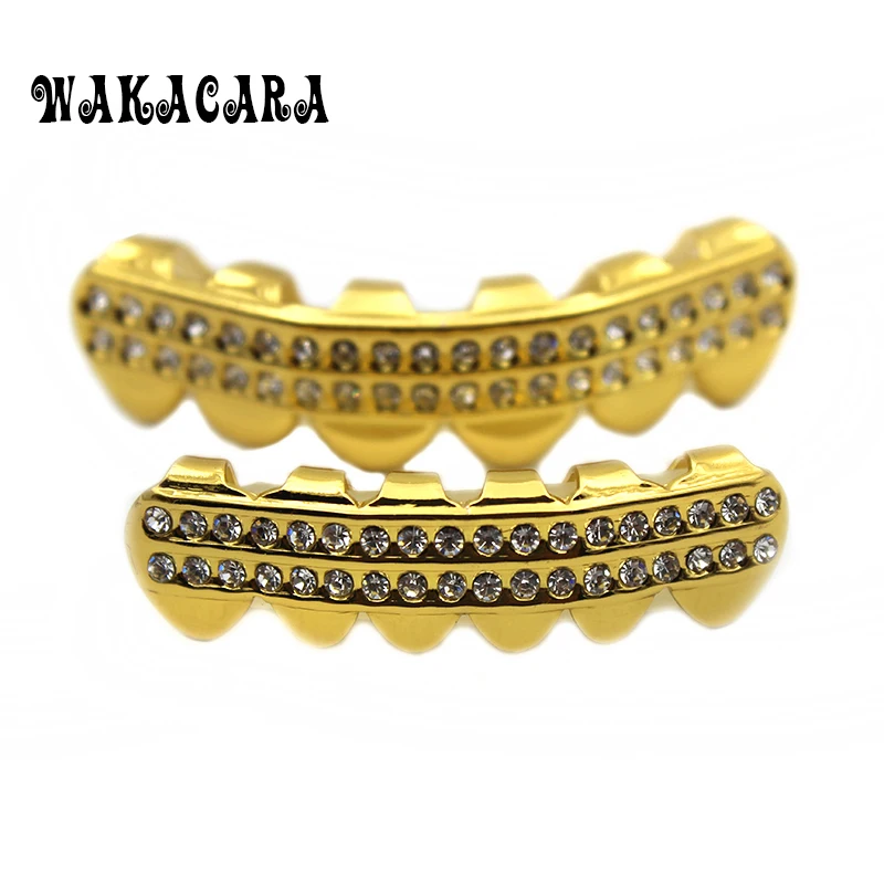 

WAKACARA Gold Color ICED OUT CZ Teeth GRILLZ Top Bottom Tooth easy fitting Caps Hip Hop Bling NEW with mode Simulated Diamonds