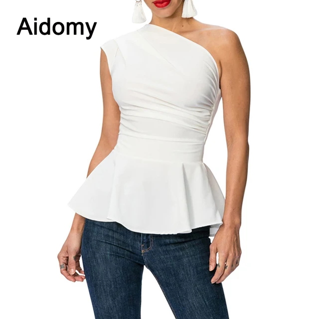 Ruffles Peplum Tops For Women 2018 One Shoulder Women Top Shirts White Evening Party Blouse