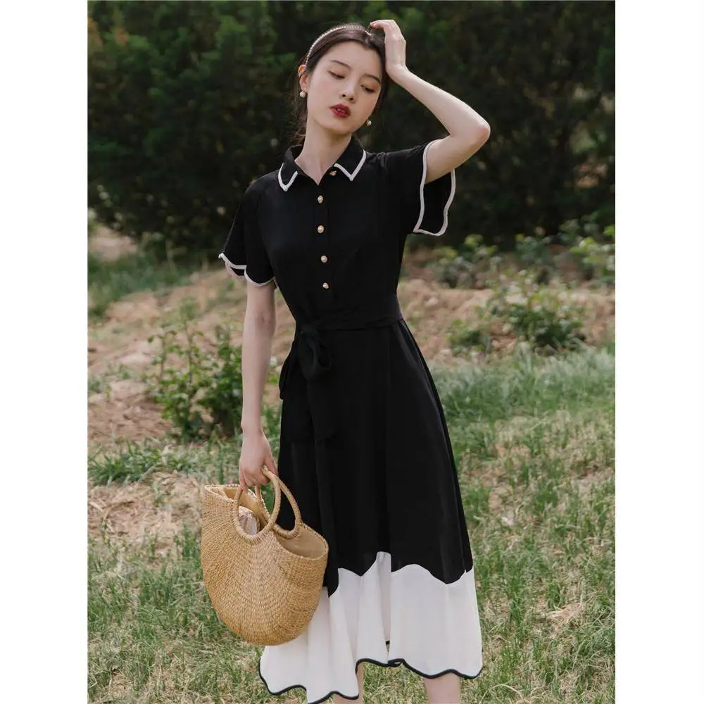 

2019 new fashion women's dresses French retro black elegant dress female summer