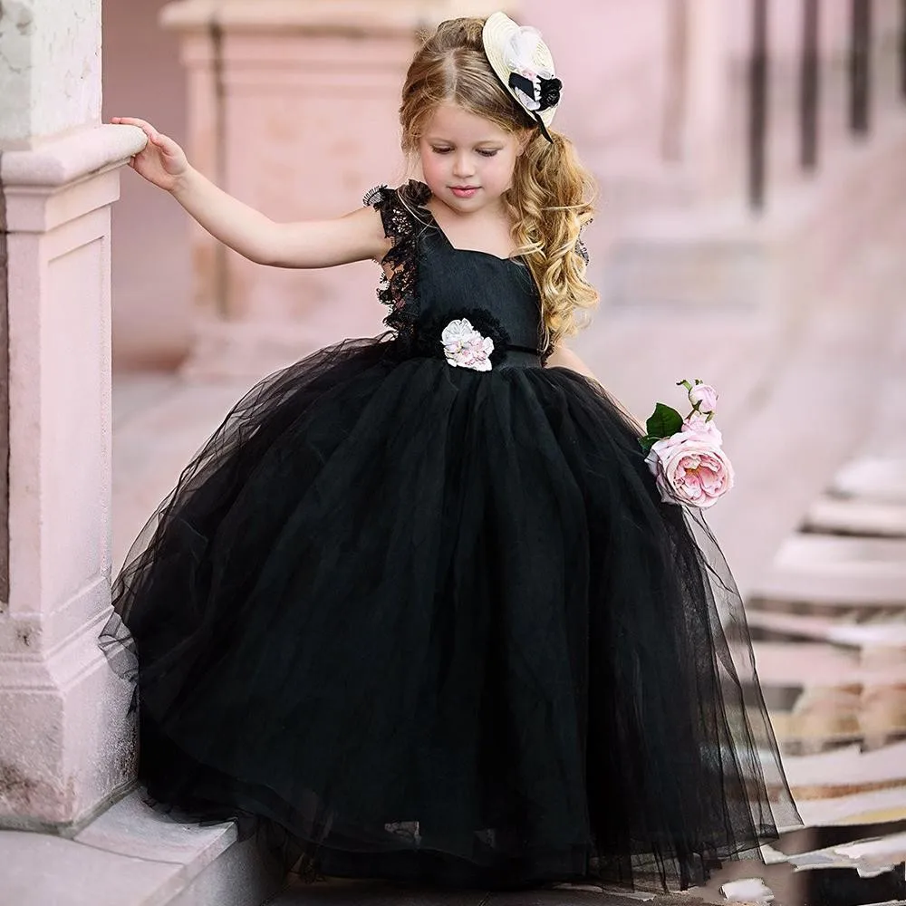 Black Ball Gown Flower Girls Dresses Puffy Tulle Lace Cap Sleeves