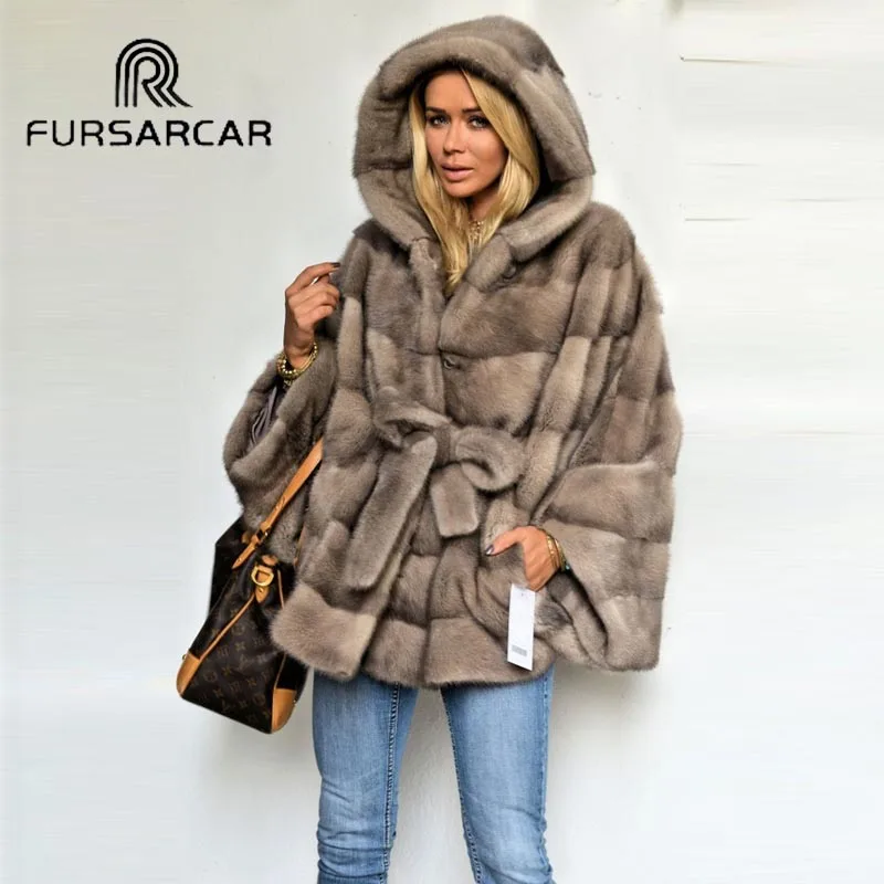 Новое поступление шубы FURSARCAR из натуральной норки женская шуба с меховым