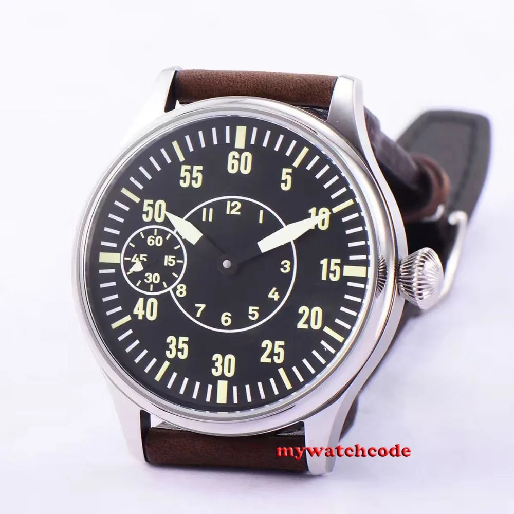 Skup 44mm Corgeut czarna tarcza krowa pasek 6497 ręczne nakręcanie ruch mężczyzna zegarka 55B