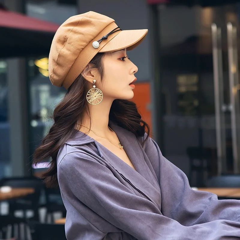 SMTZZJ роскошный козырек милый дизайн уличная мода хлопок берет осень весна восьмиугольная кепка для девочек черный розовый женский студенческий шапки - Цвет: brown