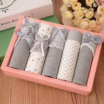 

5 Pcs/lot Wholesale Lovely Bow Cotton Briefs Gray Women Lace Elastic Dots Panties Girl Bow Underwear For Women Calcinha 3LH004