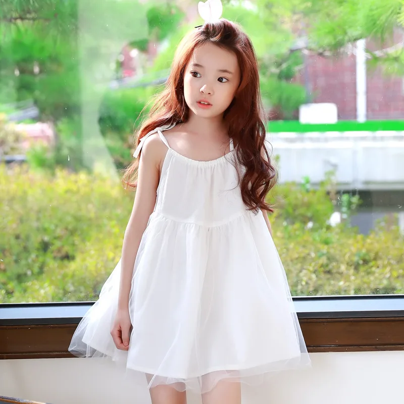 

New Summer Children's Clothing Girls Beach Dress Korean Dress White for Teenager Children's White Braces Dress