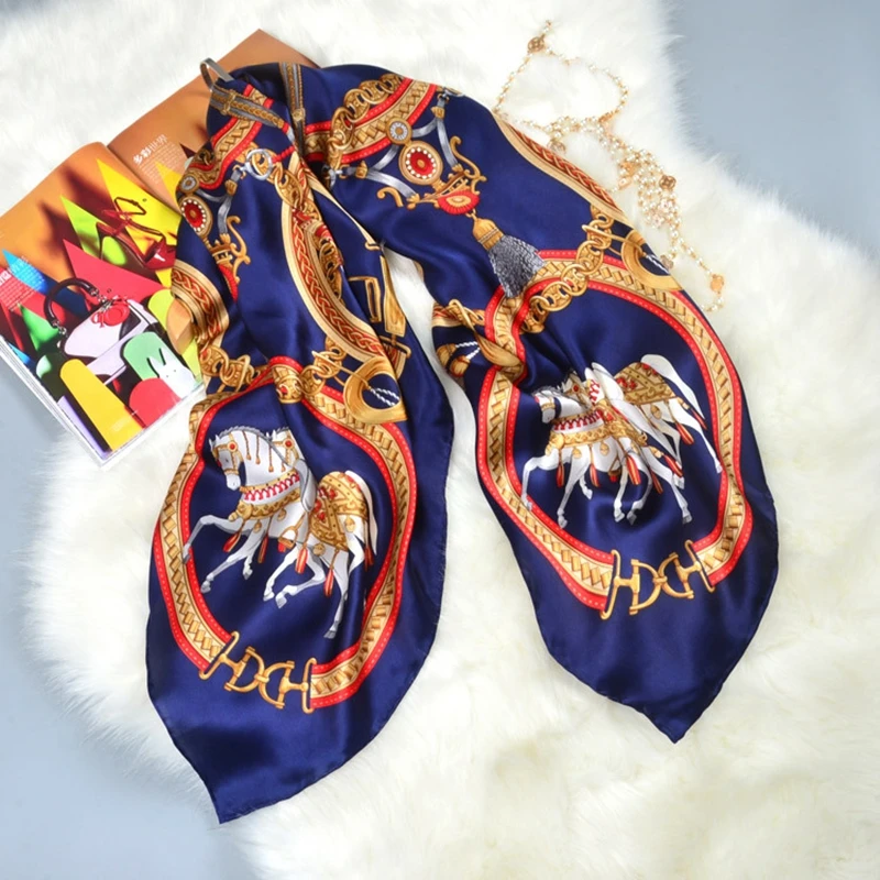 Horse Print Large Square Silk Scarf Shawl Bandana Hijab Women 100 Silk