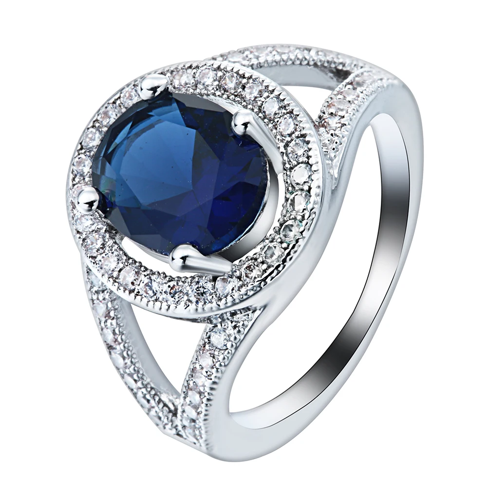 romantic round royal blue CZ stone Rings gift white gold color wedding
