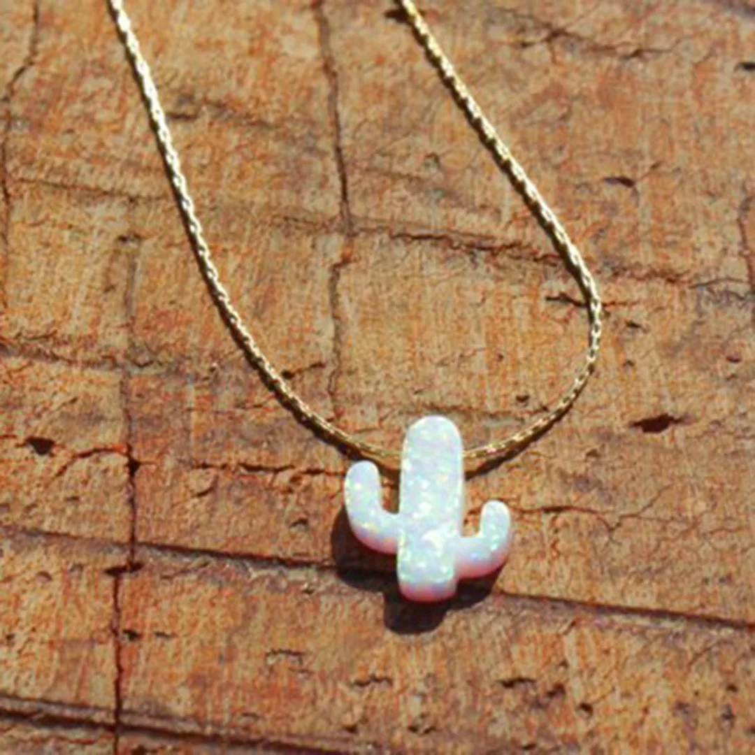 Natural Opal Stone Cactus Necklaces & Pendants Women Natural Plant Jewelry Silver Gold Chain Choker Necklace Birthday Gifts