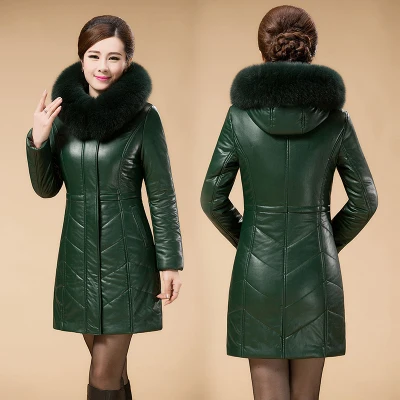 Кожаная куртка женская теплая зимняя куртка из искусственной кожи с капюшоном воротник из искусственного меха лисы тонкий длинный пуховик размера плюс L-7XL HJ419 - Цвет: 67 Green