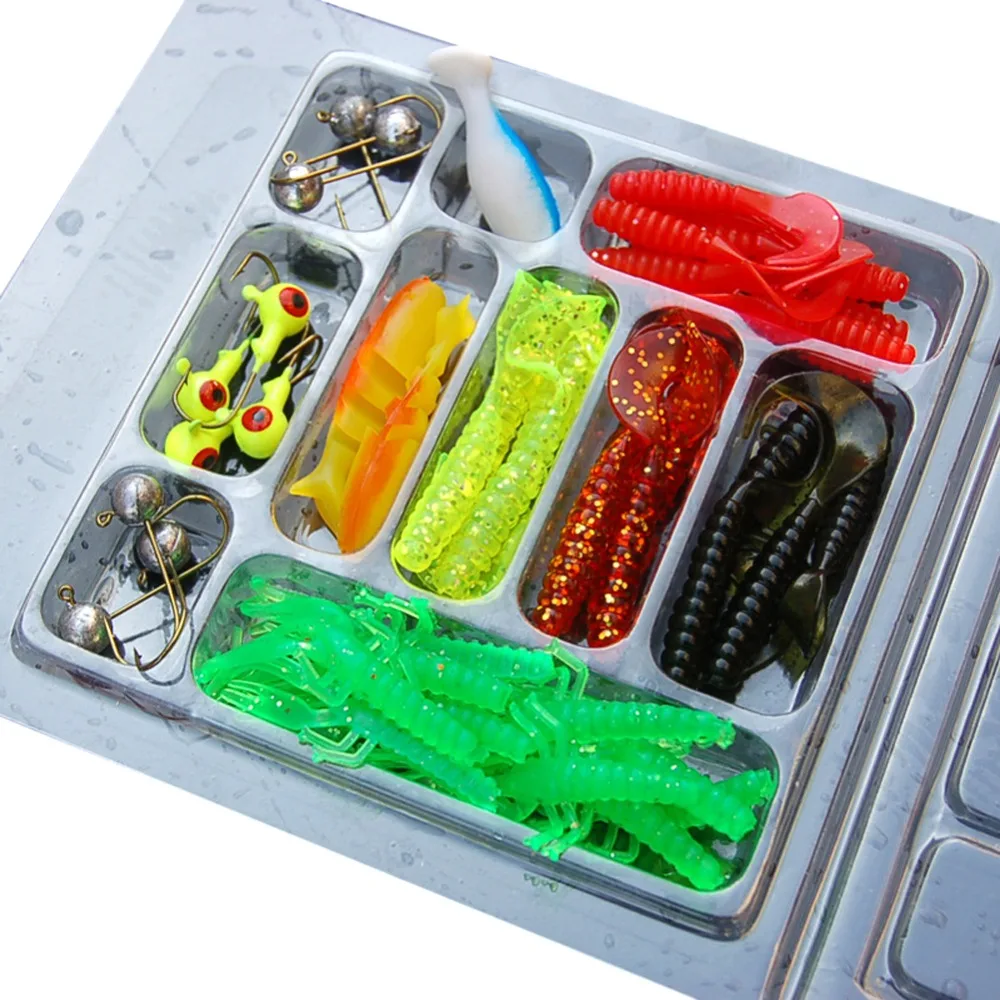 Fishing Lure Set 35Pcs Soft Worm Fishing Baits 10Lead Jig Head Hooks Sets / 50Pcs 50mm soft Lures Wholesale EA14