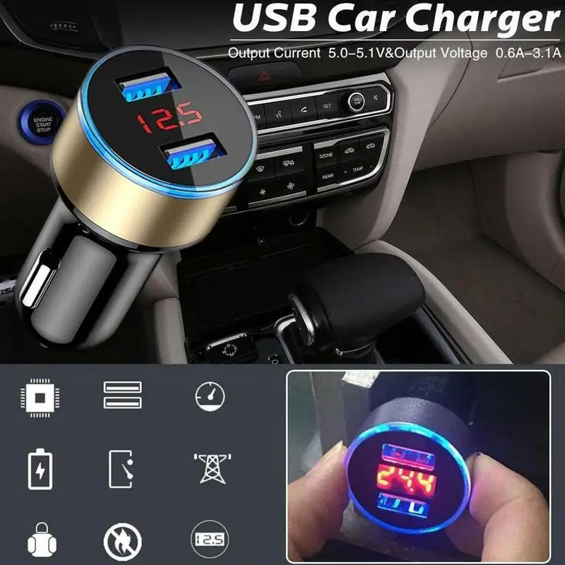 Автомобильное зарядное устройство с двумя USB разъемами 3,1 А, 2 порта, ЖК-дисплей, 12-24 В, прикуриватель, быстрое автомобильное зарядное устройство, адаптер питания, автомобильный стиль