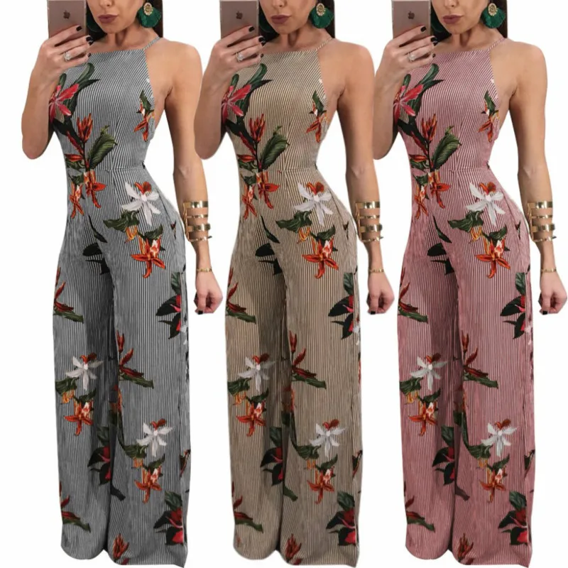 2018 Sexy Spaghetti Straps Backless Chiffon Jumpsuits Women Wide Leg