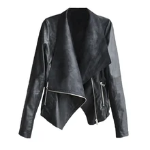 Autumn New Zipper Locomotive Irregular Large Lapel Long Sleeve Pu Black Leather Jacket Casual Faux Leather Jackets Women