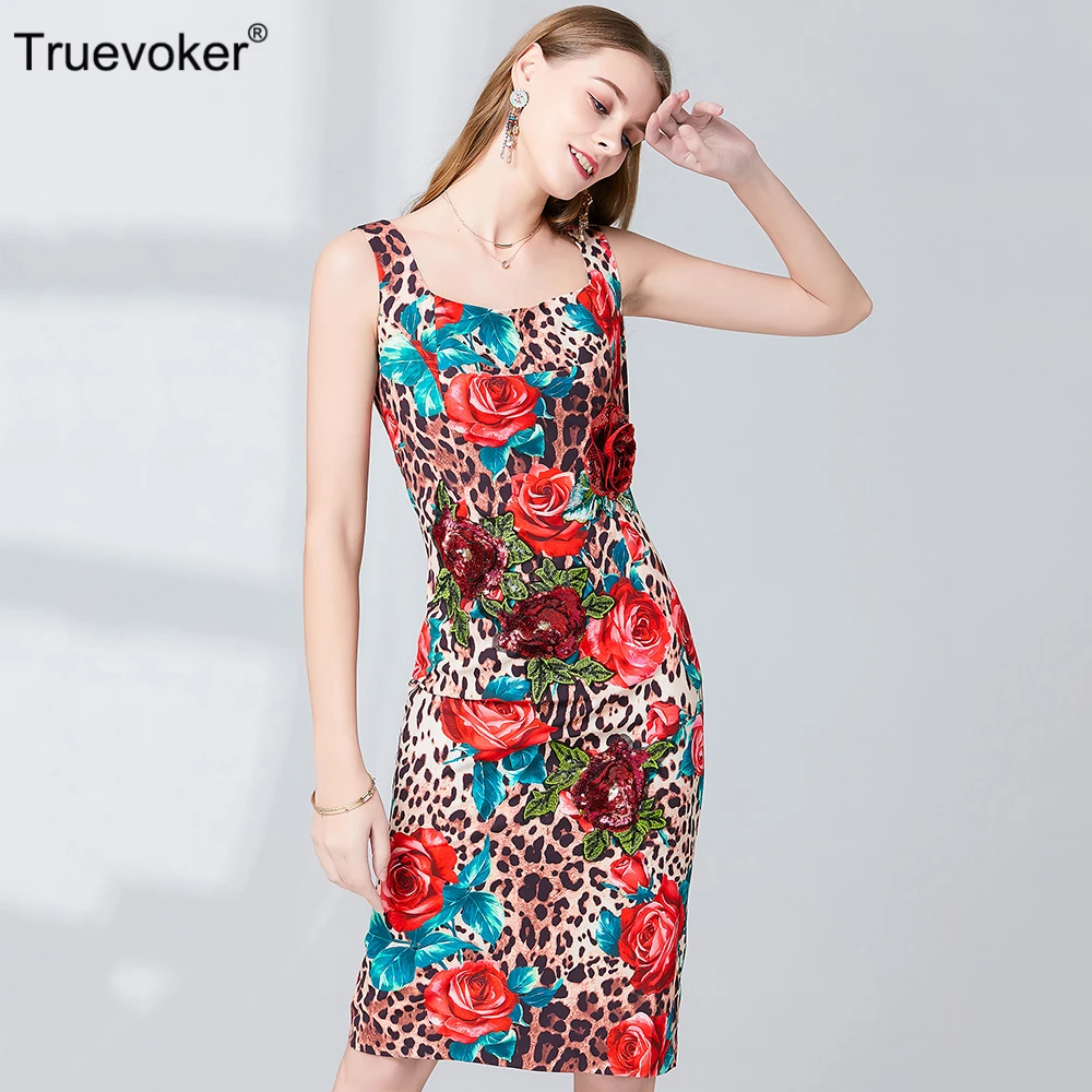

Truevoker European Fashion Designer Dresses Women's High Quality Red Floral Leopard Printed Sequins Appliques Robe Femme Ete