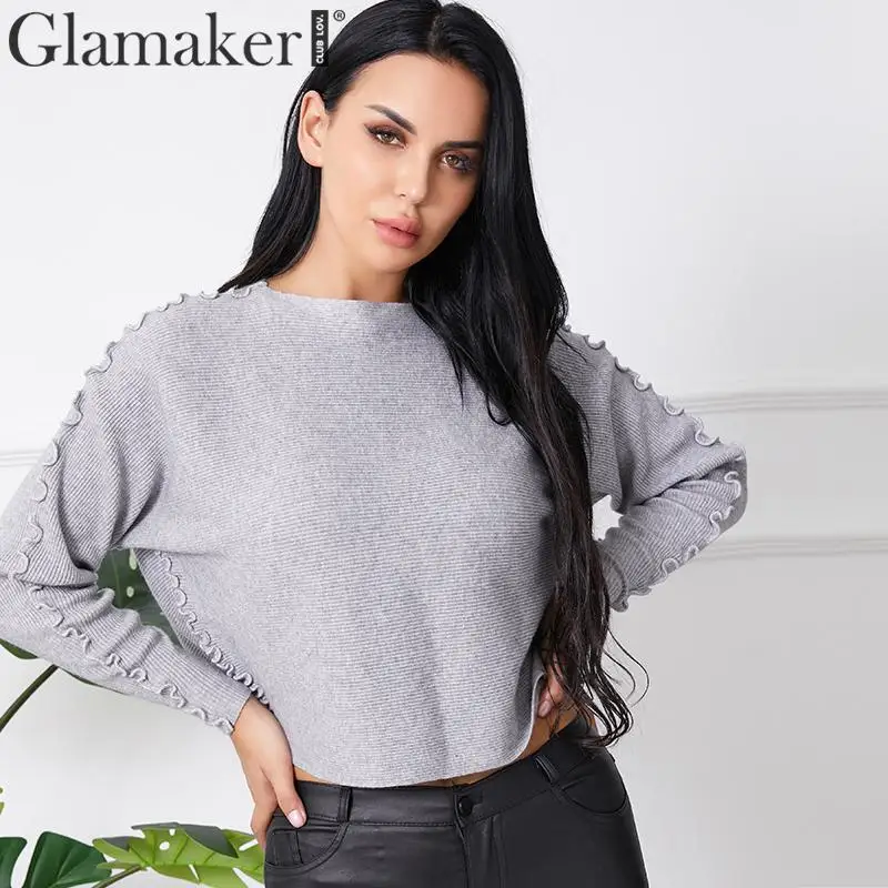 

Glamaker Casual solid black knitted sweater Women wavy lurex bat sleeve jumper knitwear Autumn winter pull femme sweater tops