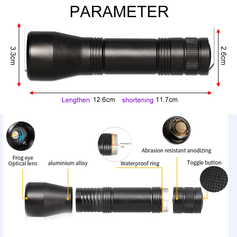 УФ светодиодный вспышка светильник UV светильник светодиодный фонарь светильник 395nm ультрафиолетовый светильник фиолетовый светильник s 5 Режим Масштабируемые черный светильник по 18650 Батарея