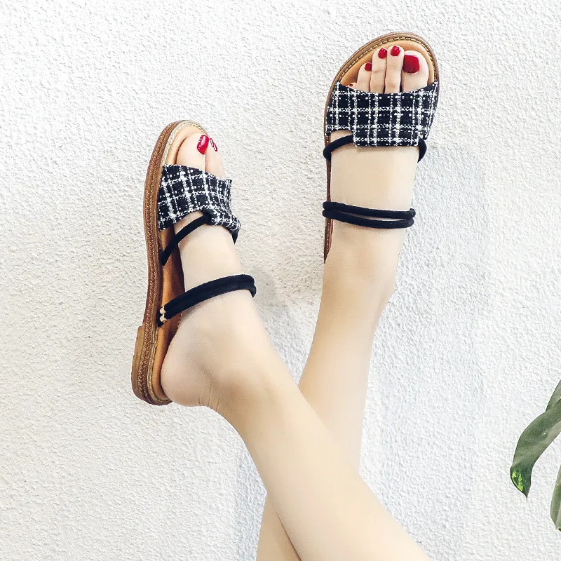 

Women Sandals Gingham Summer Shoes Woman Beach Flat Sandals Plus Size 41 Flip Flop Fisherman Rome Style Ladies Casual Sandals
