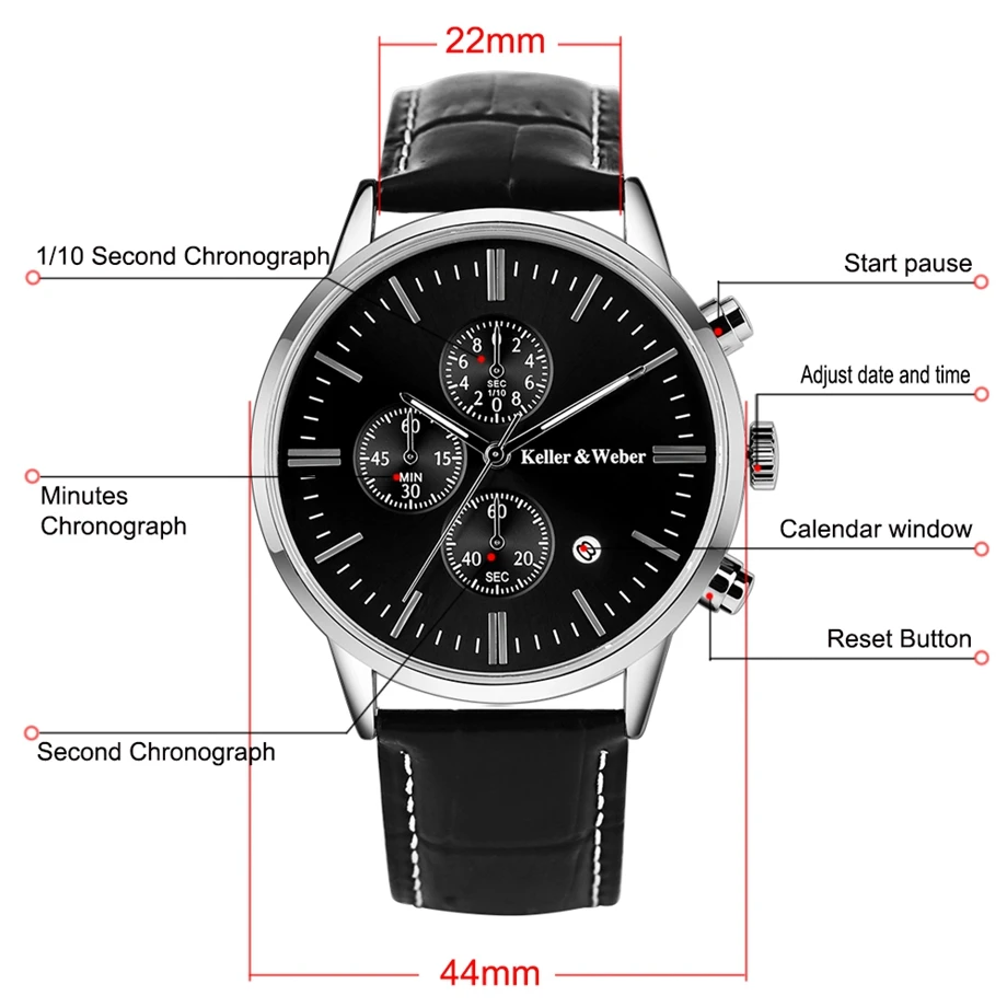 Keller & Weber Mens Watches 30m Waterproof Quartz Business Watches Date Display Genuine Leather Band Relogio Masculino Best Gift (8)