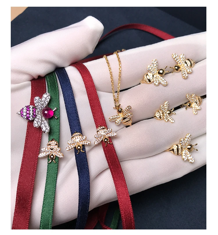 

Brand wedding jewelry set cute bee necklace zircon animal pendant real 925 silver monaco stud bee stud earrings jewelry set